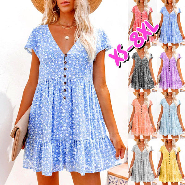 V-Neck Button Small Floral Short Sleeve Loose Casual Dress