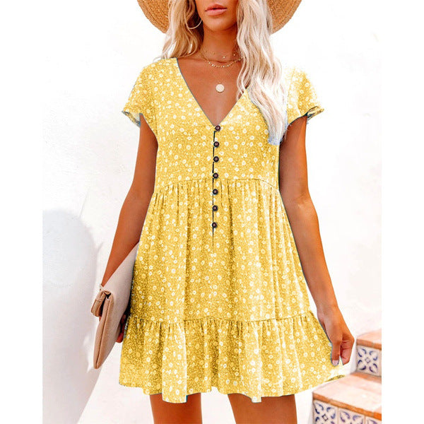 V-Neck Button Small Floral Short Sleeve Loose Casual Dress