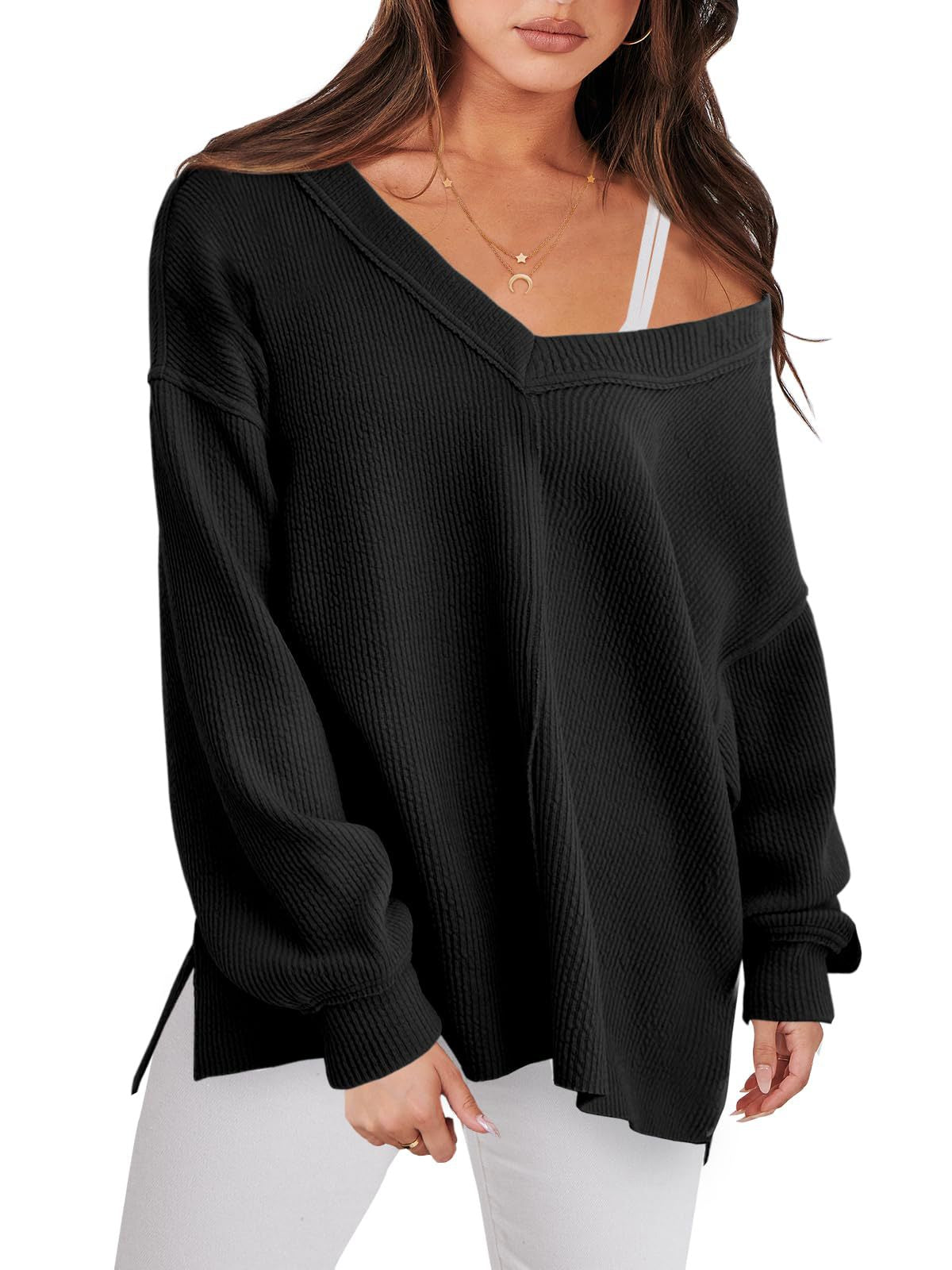 Fashion Lightweight V-neck Sweaters Women Winter Casual Long Sleeve Ribbed Knit Side Slit Pullover Top