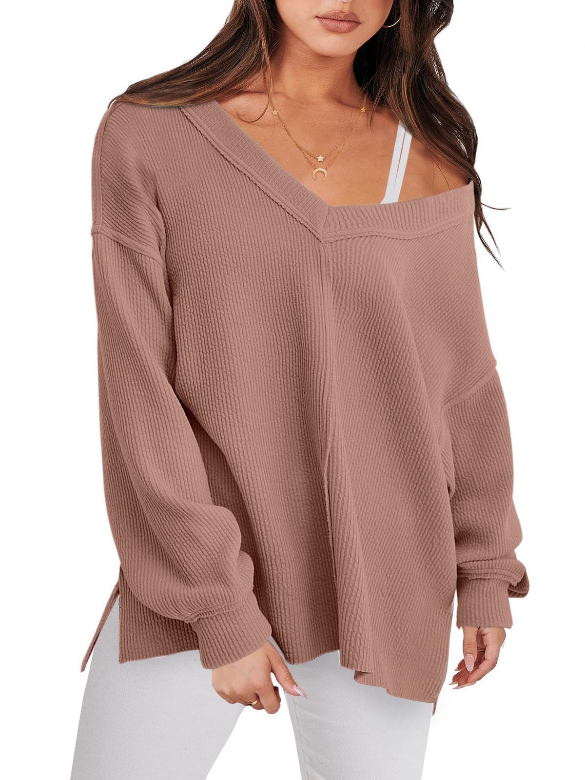 Fashion Lightweight V-neck Sweaters Women Winter Casual Long Sleeve Ribbed Knit Side Slit Pullover Top